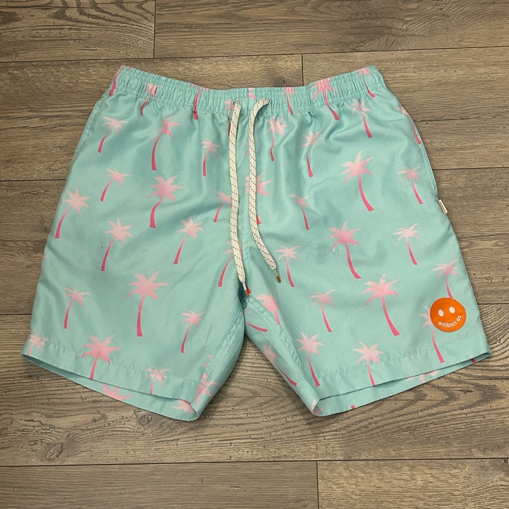 Ambsn Men's Tropical Swim Trunks - Aqua and Pink